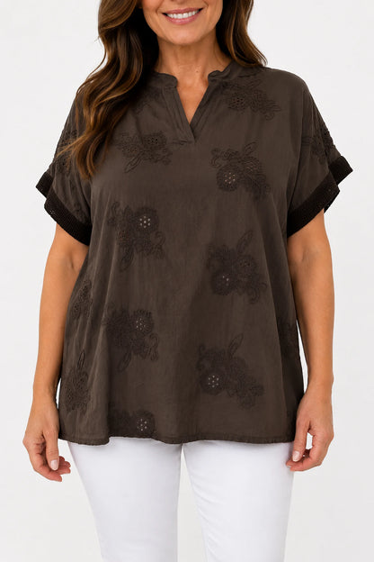 Pure Cotton Embroidered Floral Detail Mesh Sleeve/Back Lucia Shirt - Chocolate