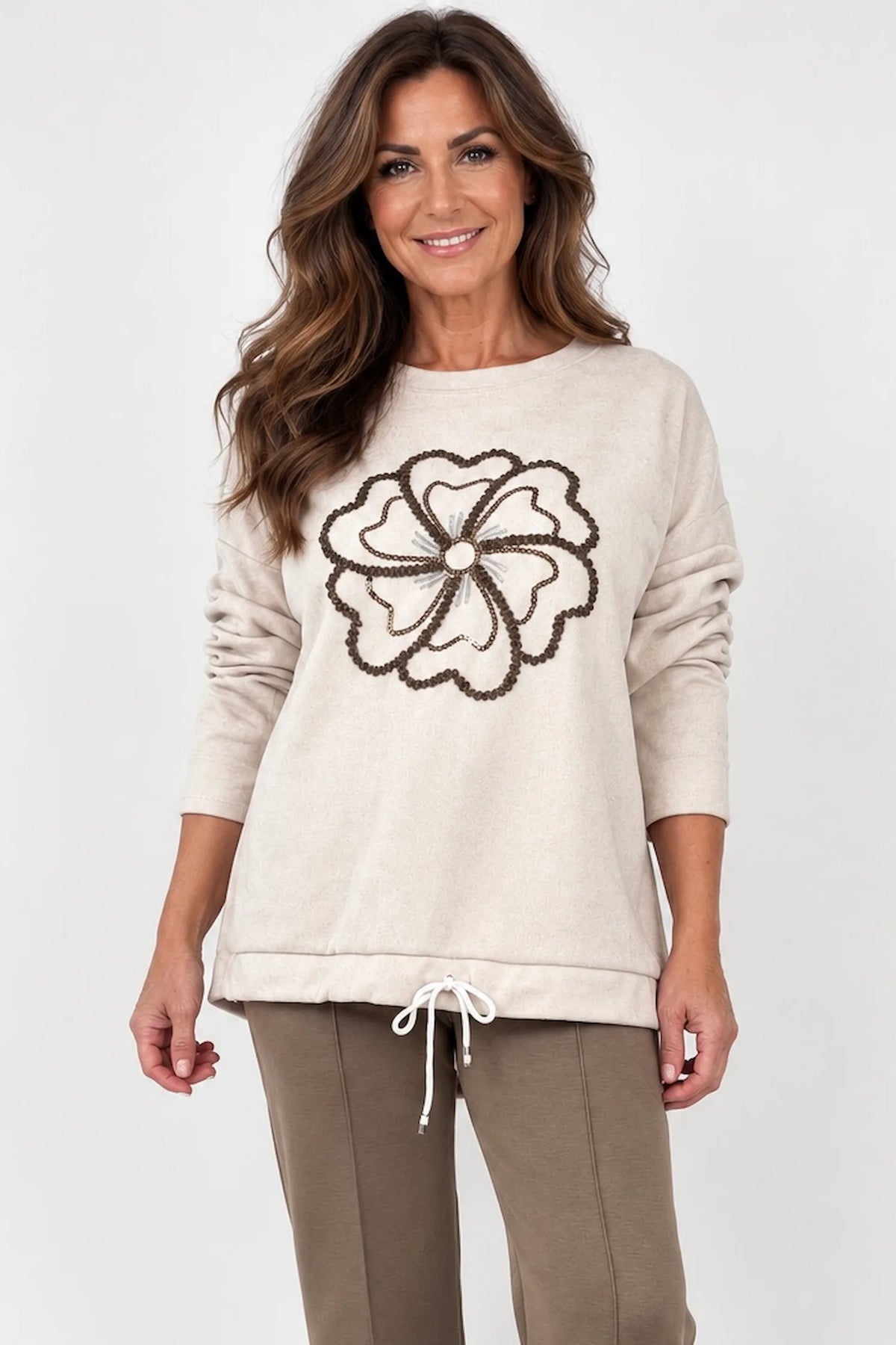 Embroidered Clover Kiki Chenille Tied Hem Top - Beige