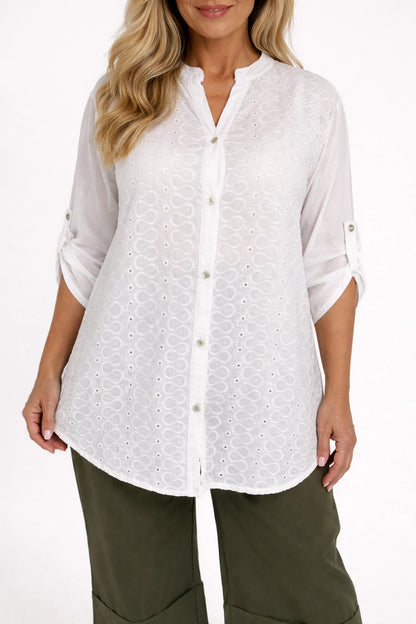 Cotton Button Sleeve Embroidery Anglaise Detail Tatiana Button Shirt - White