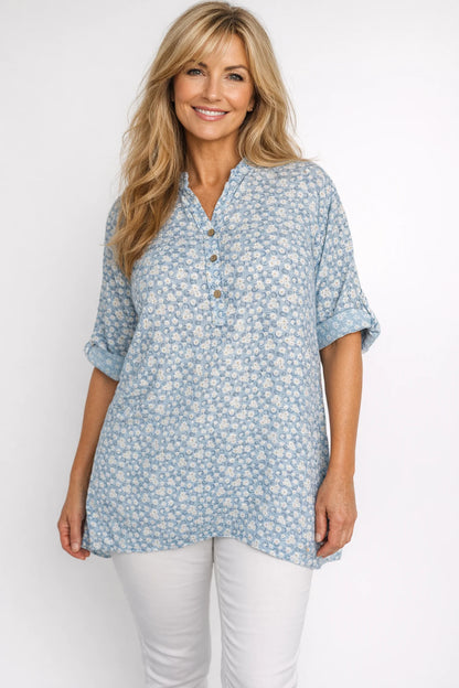 Linen Look Cotton Button Sleeve Daisy Button Shirt - Baby Blue