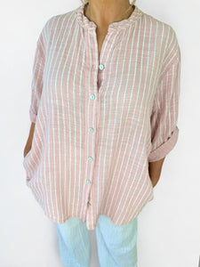 Pure Cotton Pin Stripe Button Sleeve Veresca Shirt - Baby Pink