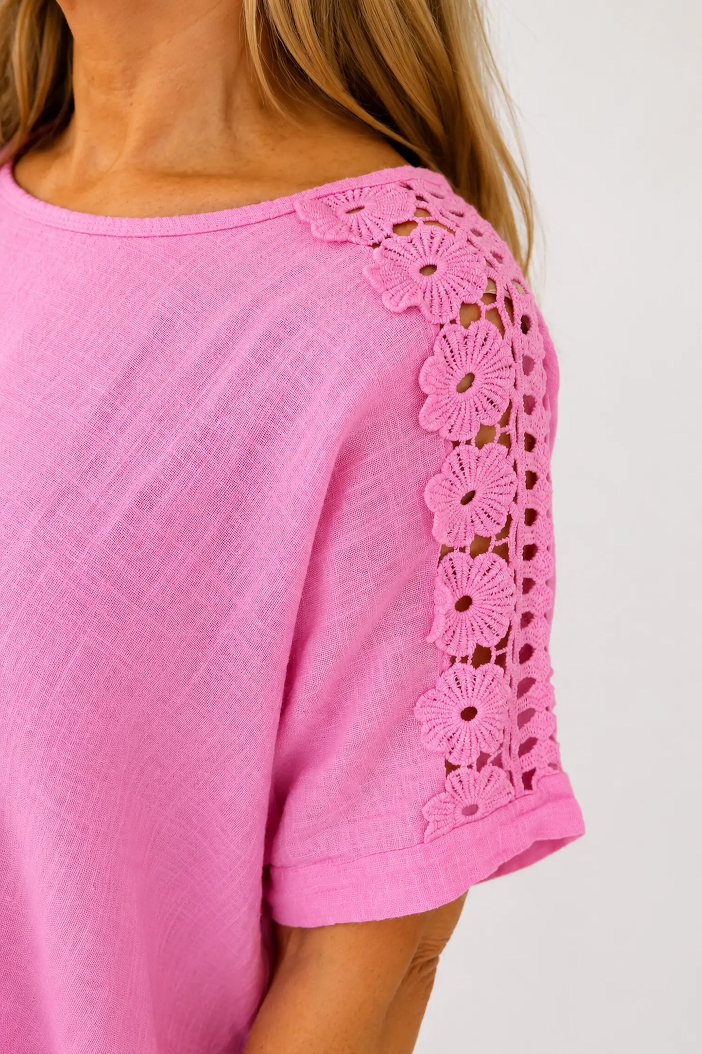 Pure Cotton Embroidered Crochet Sleeve Amira Top - Lipstick Pink