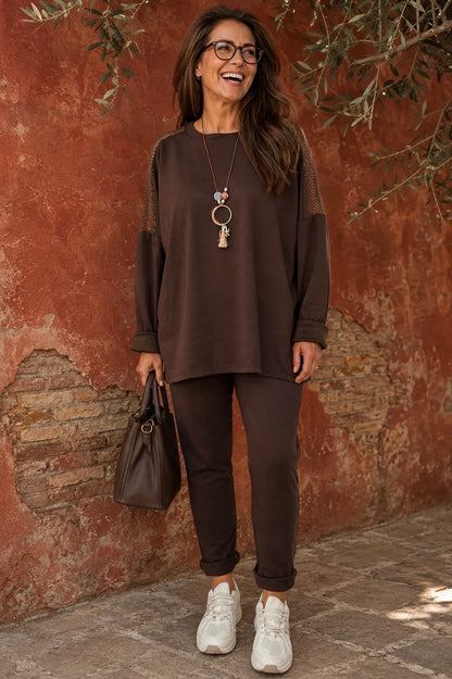 Roxanne Mesh Detail Necklace Top - Chocolate