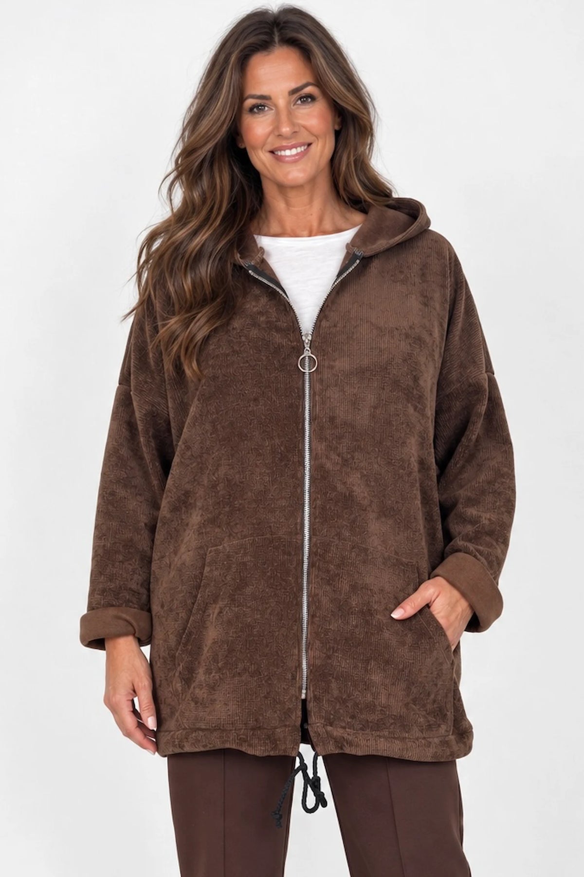 Double Pocket Chenille Zipped Cassie Hoodie - Chocolate