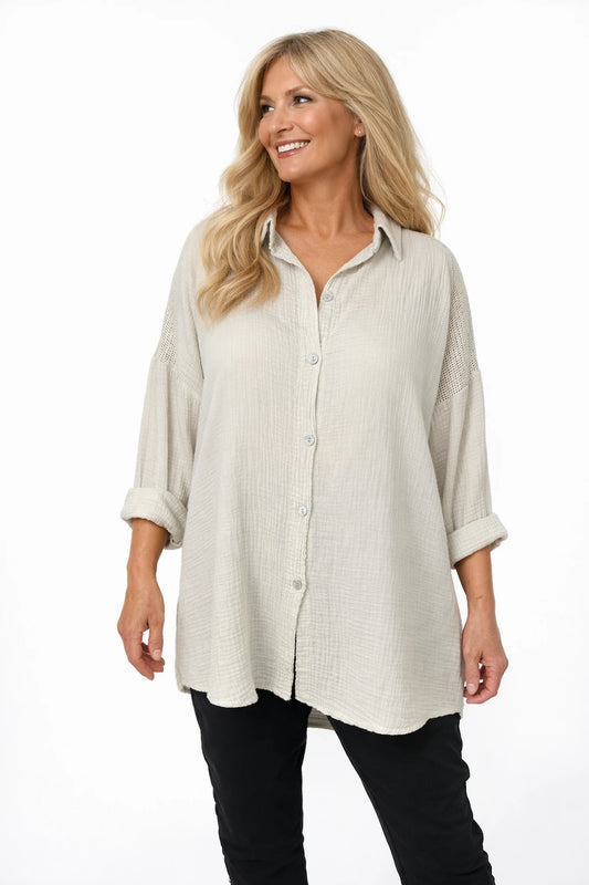 Pure Bubble Cotton Mesh Sleeve/Back Detail Celeste Button Shirt - Beige