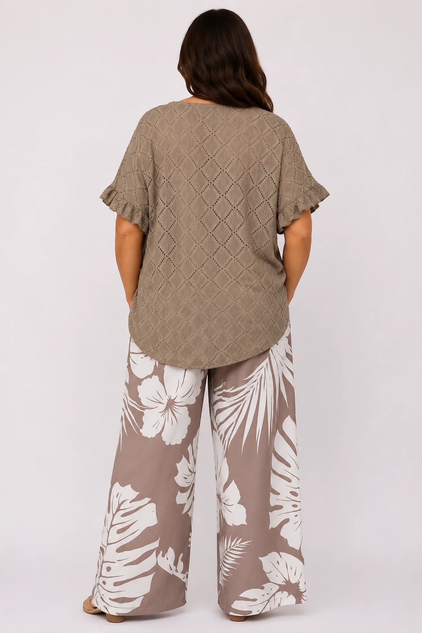 Tropical Print Polly Elasticated Waist Wide Leg Pants - Mocha