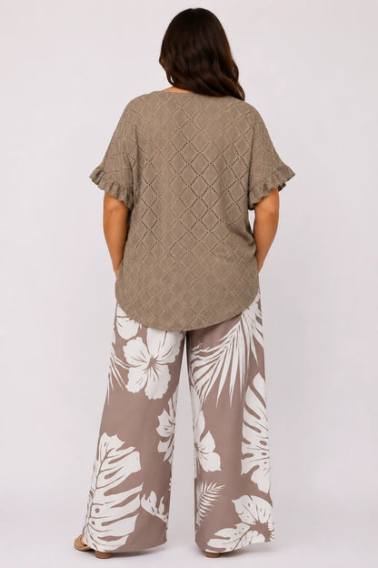 Tropical Print Polly Elasticated Waist Wide Leg Pants - Mocha