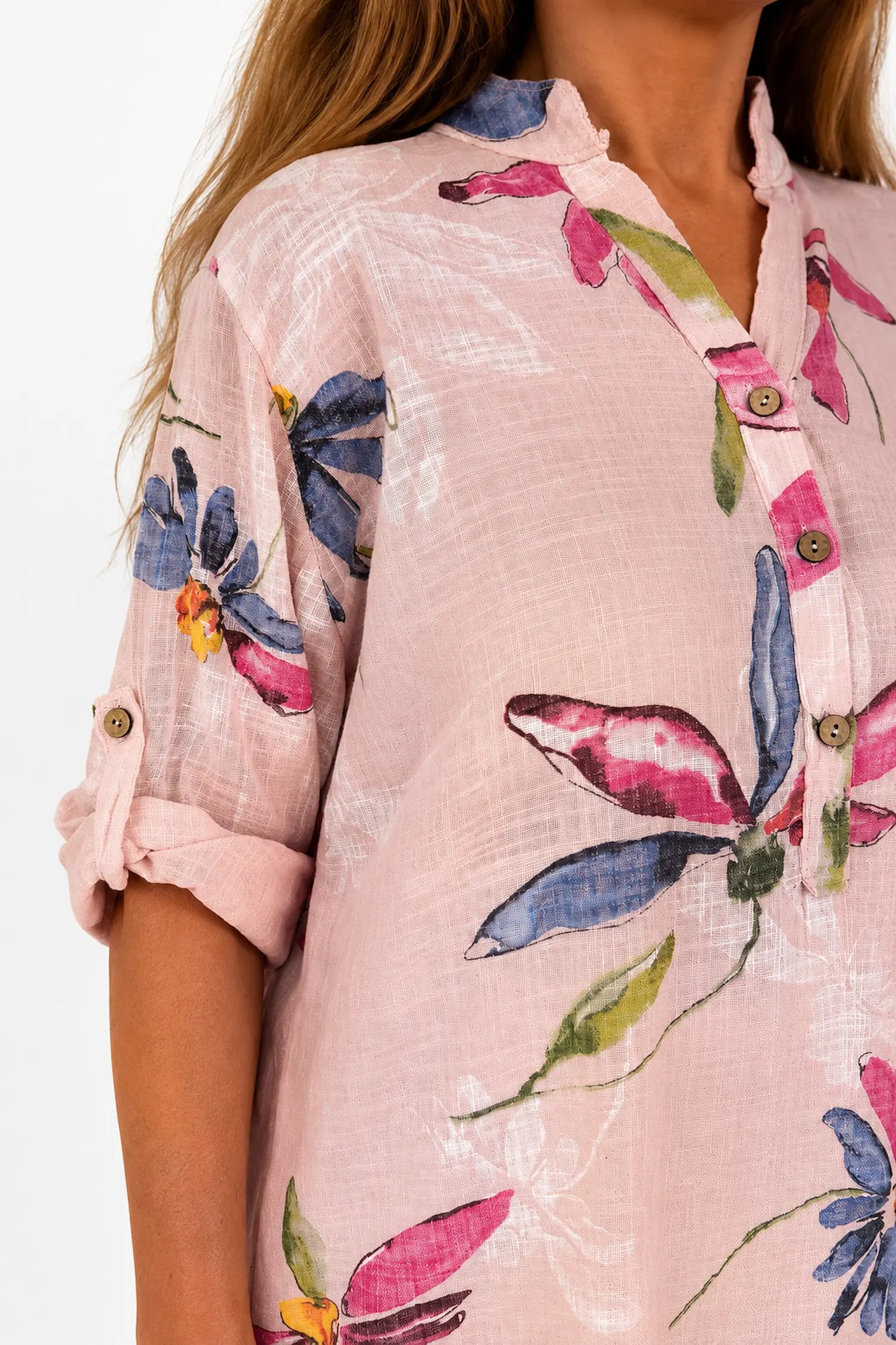 Pure Cotton Button Sleeve Alice Shirt - Baby Pink