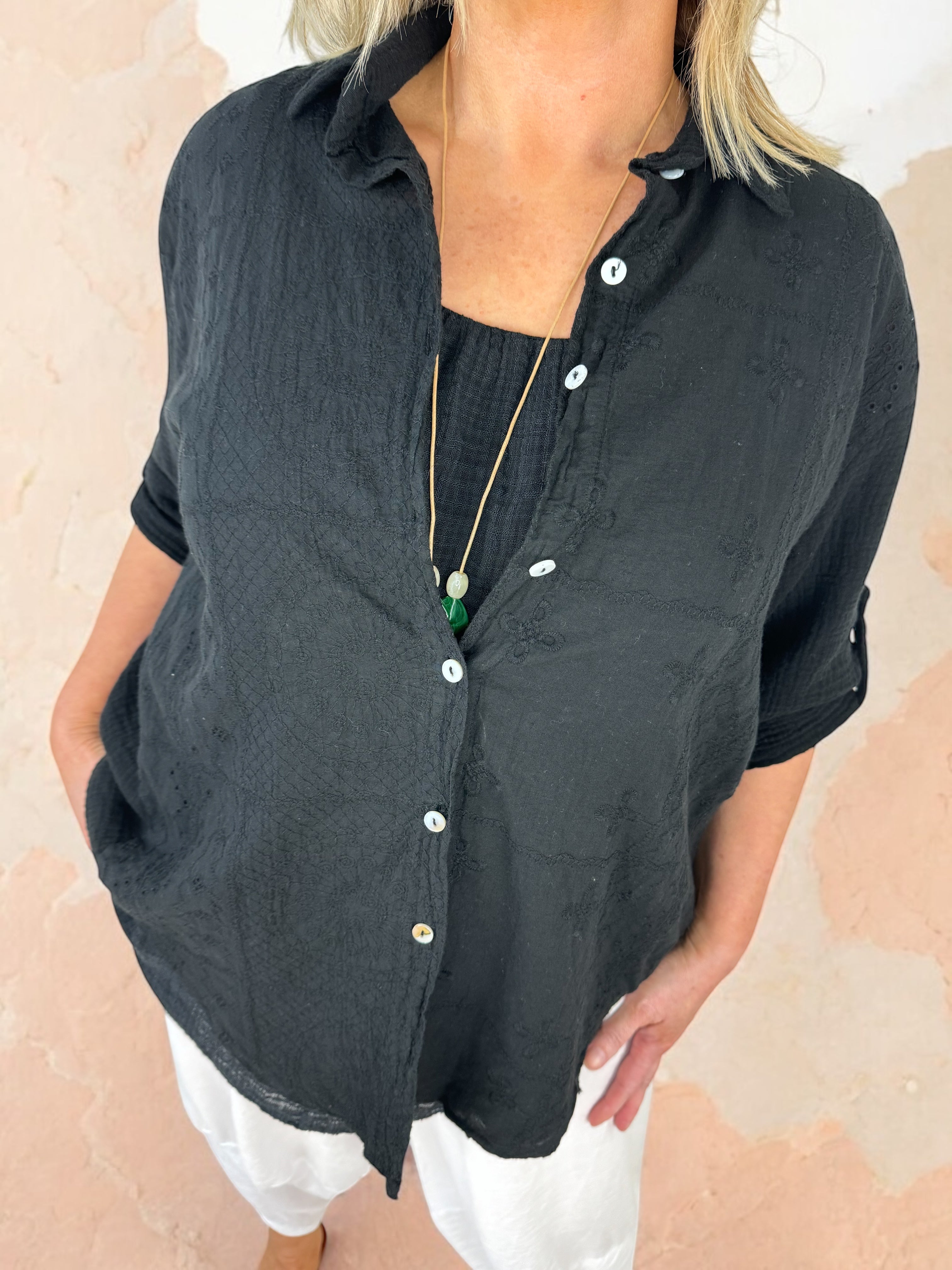 Pure Bubble Cotton Button Sleeve Embroidery Anglaise Cruze Shirt - Black