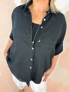 Pure Bubble Cotton Button Sleeve Embroidery Anglaise Cruze Shirt - Black