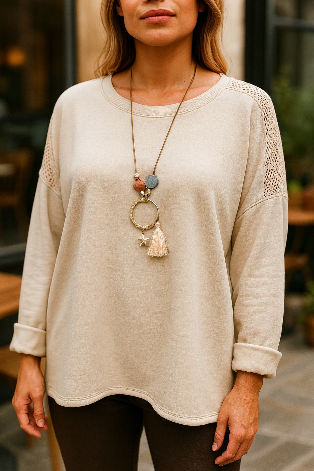 Soirée Mesh Detail Necklace Top - Beige