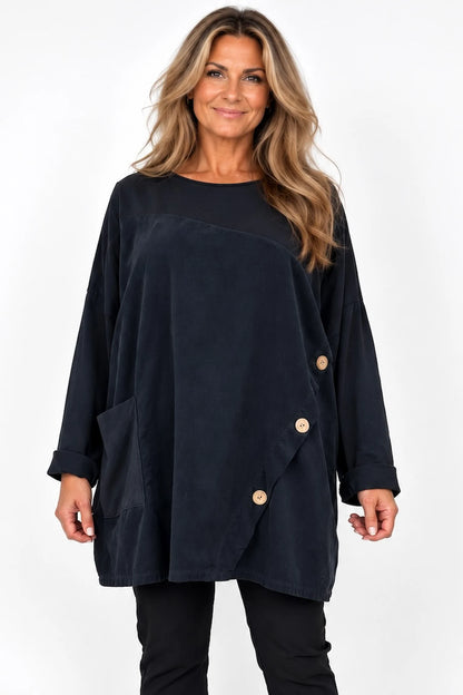 Cotton Fine Needlecord Patch Button Detail Fern Pocket Top - Black