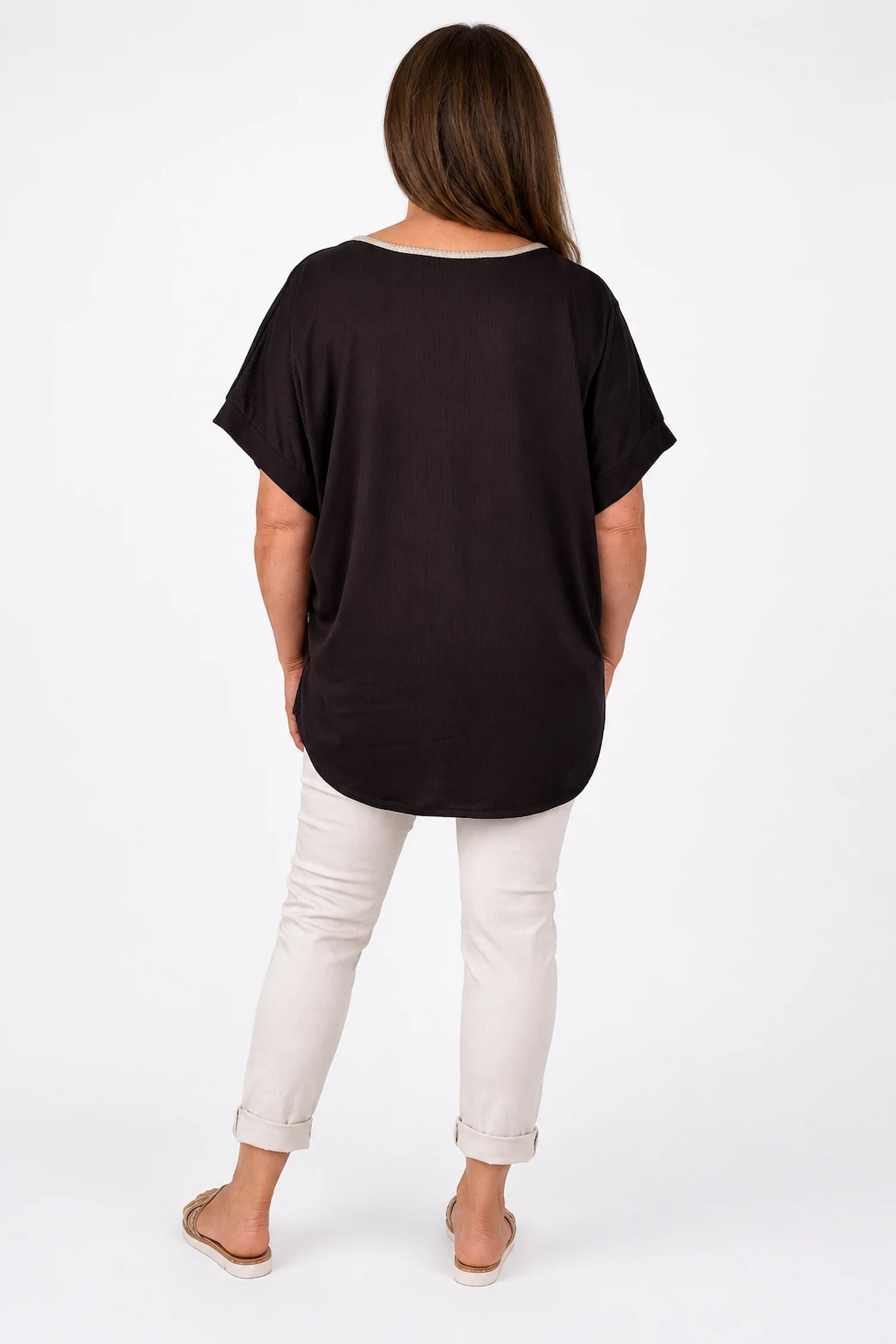 Fine Ribbed Gold Trim Sophia Necklace Top - Chocolate