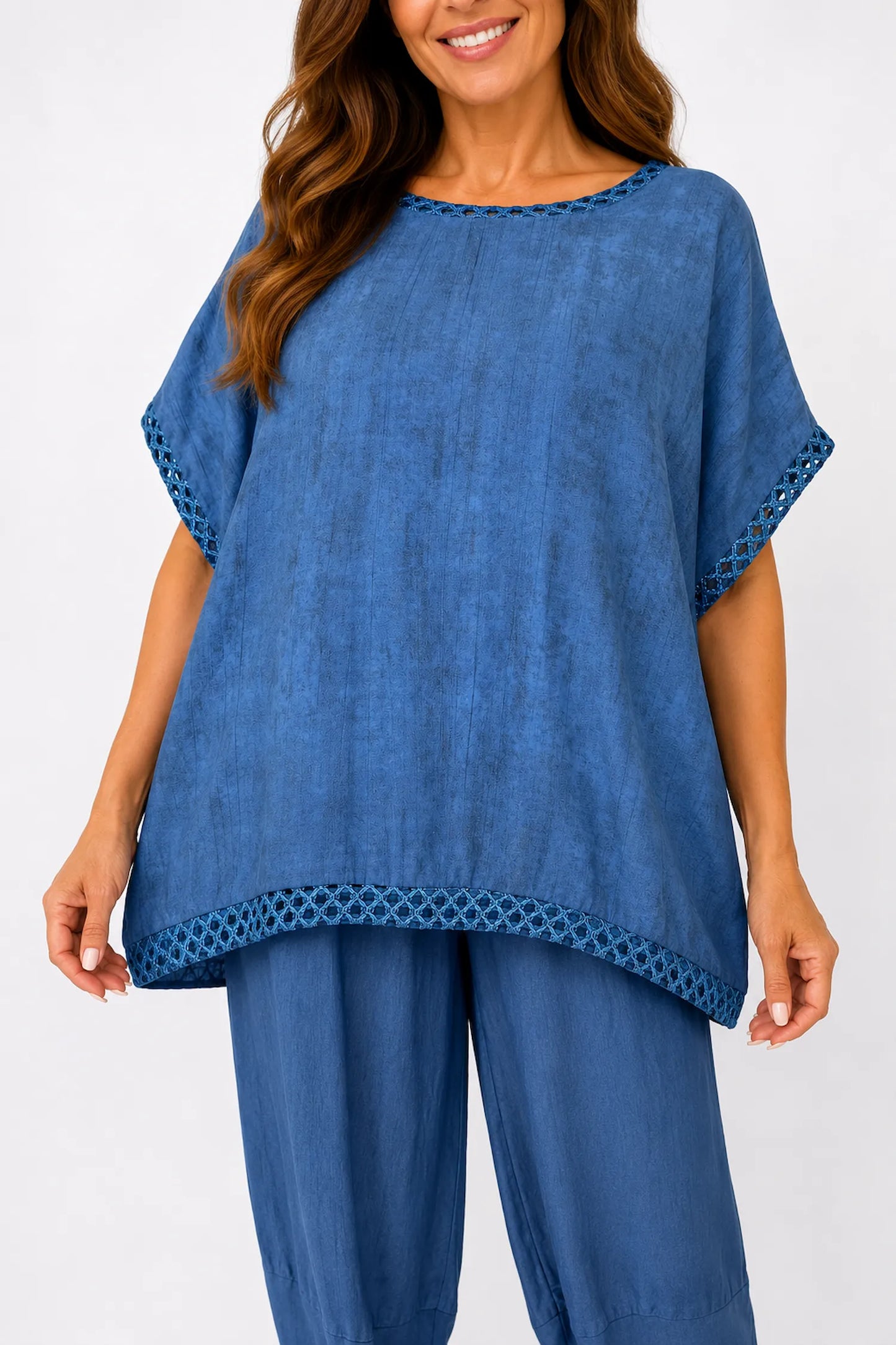 Crochet Lattice Trim Lightly Textured Marsi Top - Washed Denim