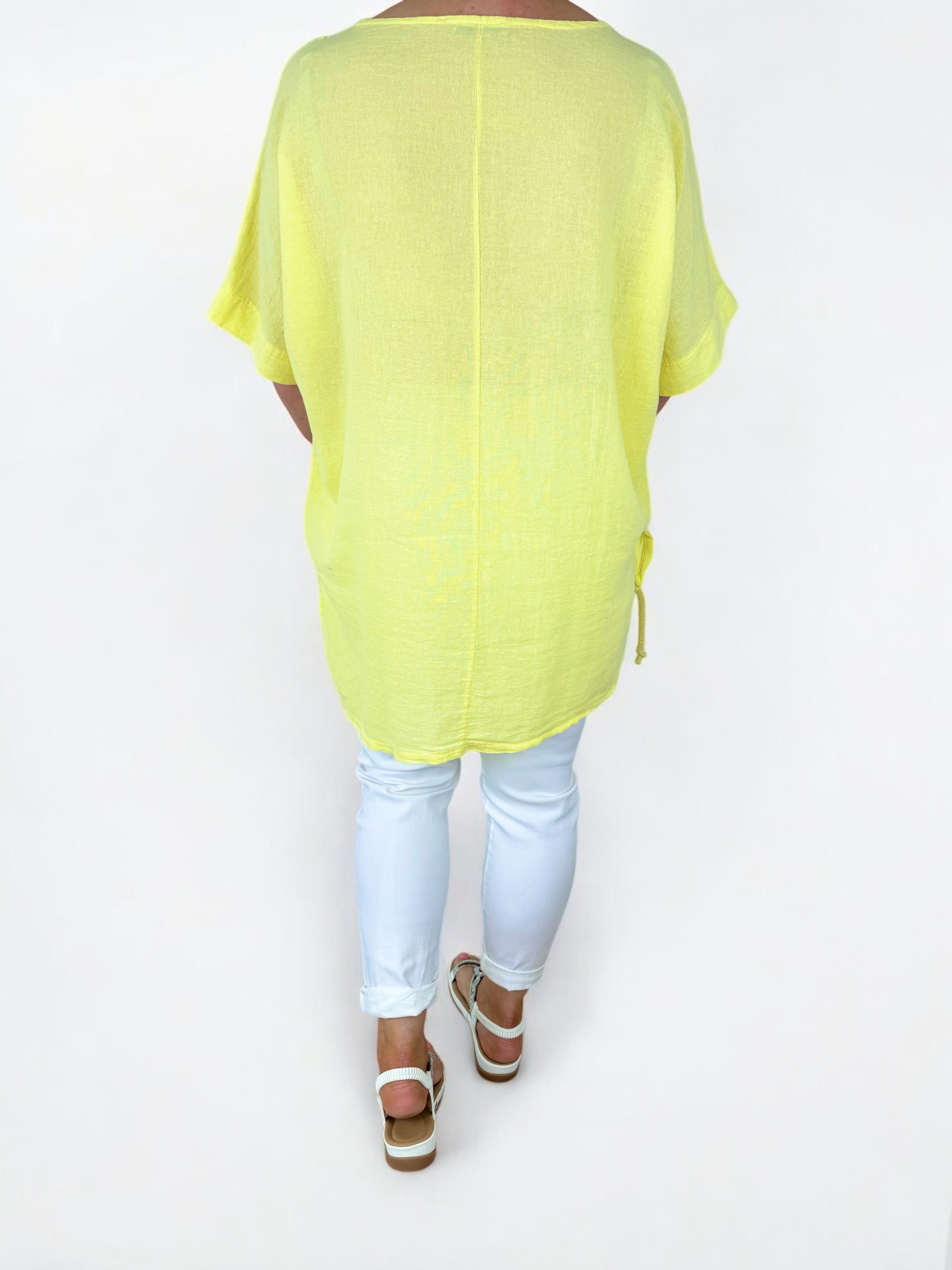 Linen Mix Sequin Draw String Detail Villa Top - Lemon