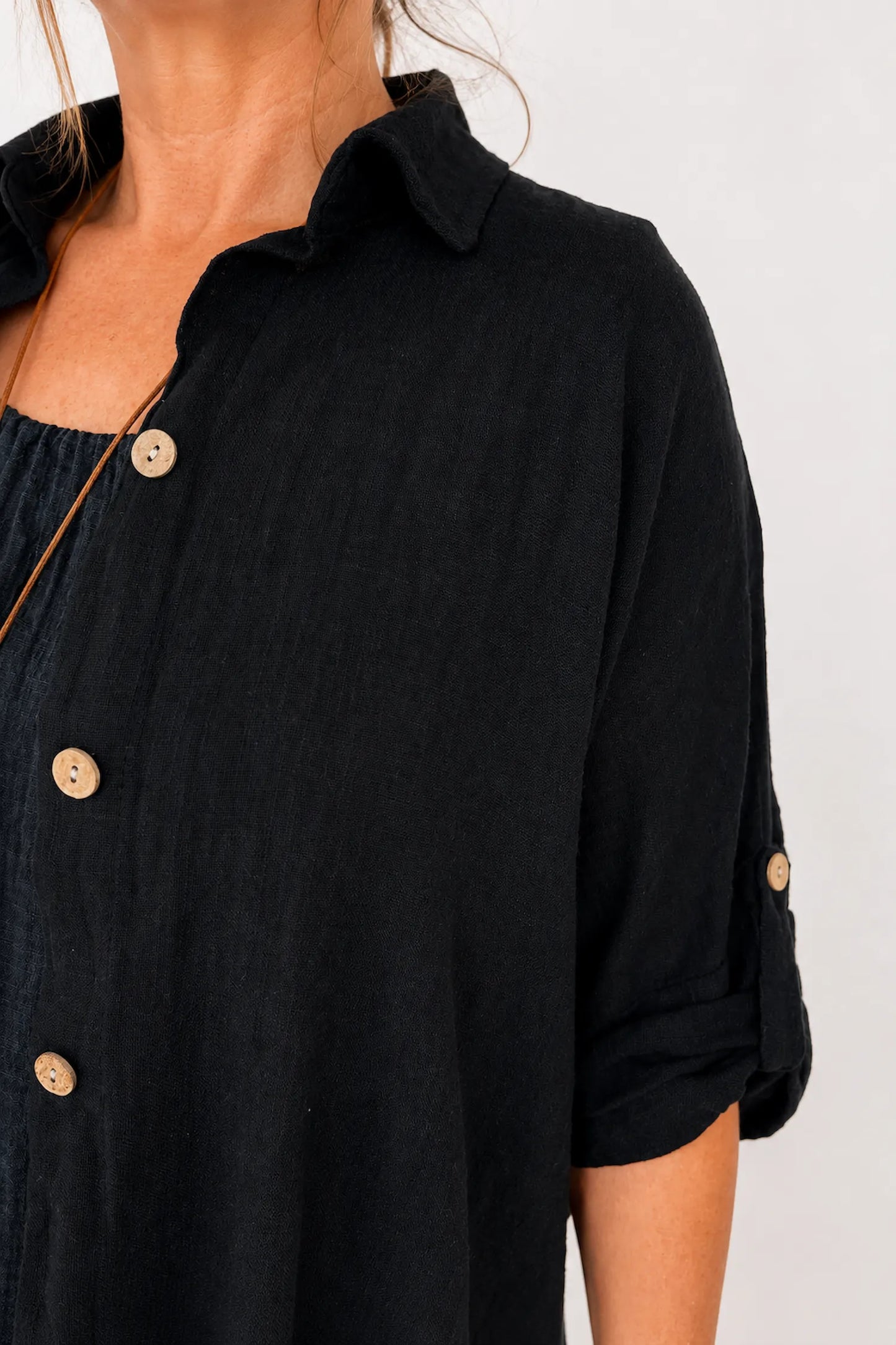 Pure Cotton Button Sleeve     Cressida Button Shirt - Black