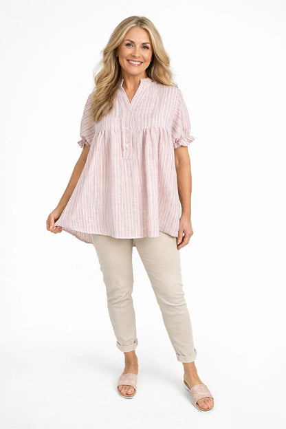 Premium Stitch Elasticated Frill Sleeve Nadine Button Shirt - Washed Rose