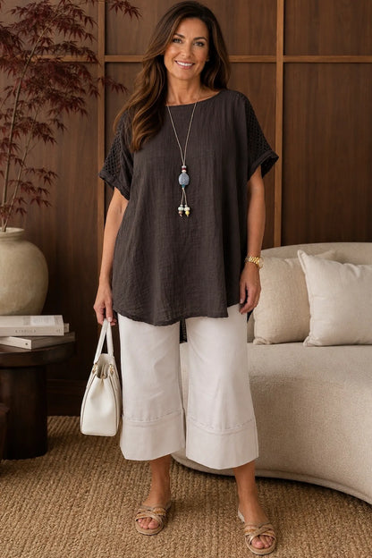 Pure Cotton Crochet Detail Francesca Necklace Top - Chocolate