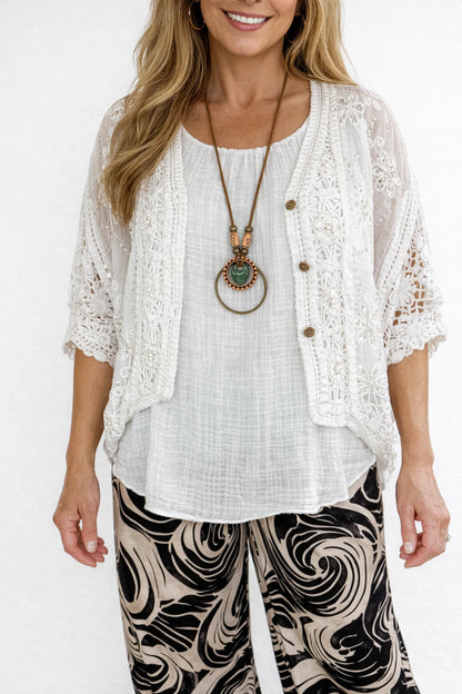 Cotton Sparkle Embroidered Floral Crochet Detail Button Batwing Martina Cardigan - White