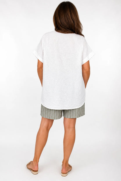 Linen Cotton Mix Mesh Detail Amalfi Pocket Top - White