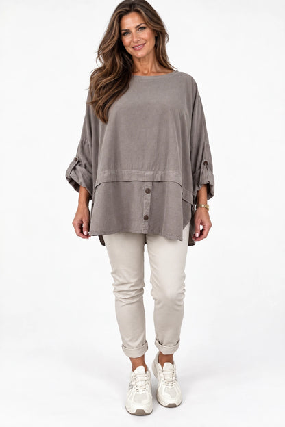 Pure Cotton Needlecord Button Sleeve Button Detail Riviera Top - Mocha