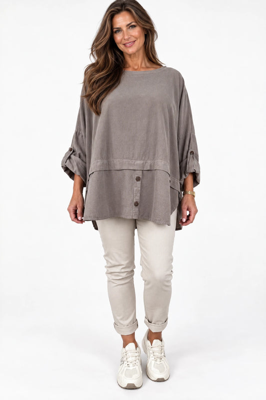 Pure Cotton Needlecord Button Sleeve Button Detail Riviera Top - Mocha
