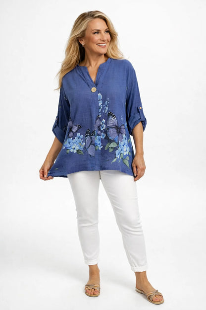 Pure Cotton Button Sleeve Button Detail Talia Shirt - Deep Denim