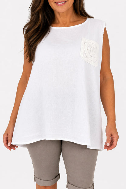 Linen Cotton Mix Button Back Embroidered Crochet Pocket Primrose Vest - White