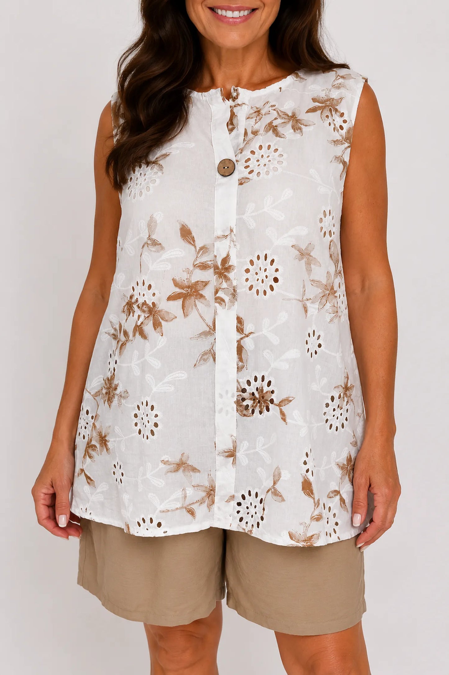 Pure Cotton Button Detail Embroidery Anglaise Mirella Sleeveless Top - Mocha