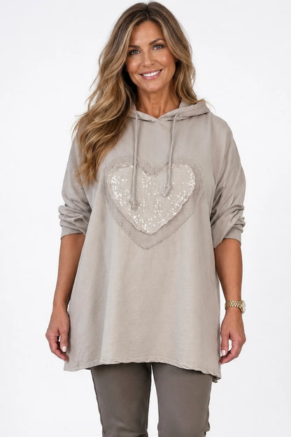 Cotton Sequin Heart Veronica Hoodie - Beige