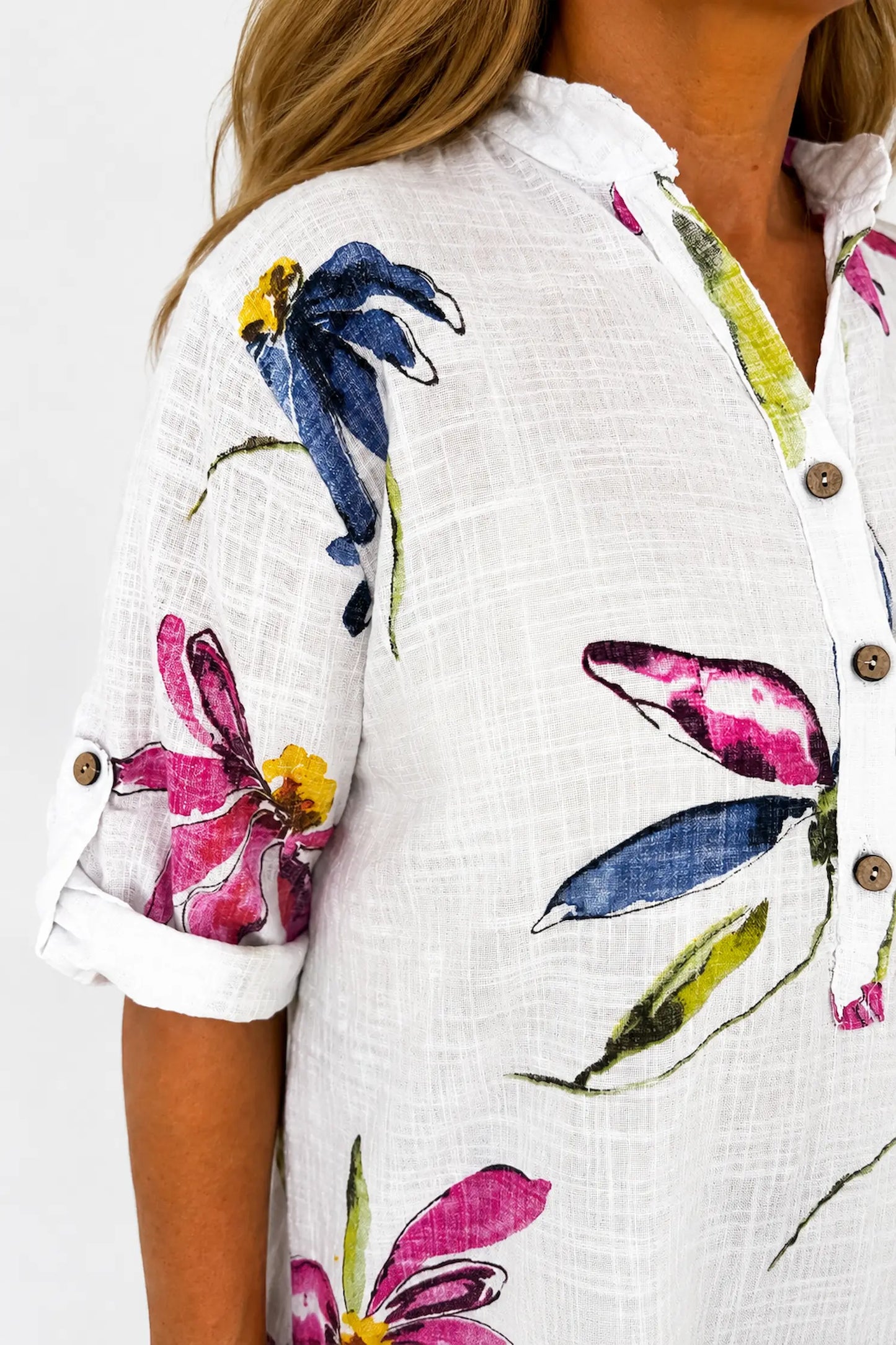 Pure Cotton Button Sleeve Alice Shirt - White