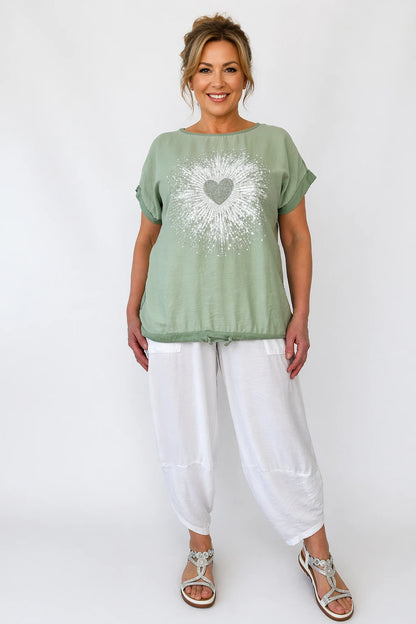 Diamanté Heart Burst Drawstring Hem Detail Faria Top - Light Khaki