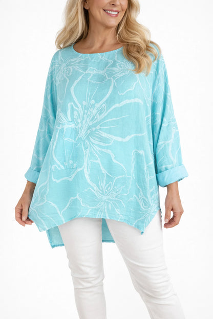 Eliza Pocket Detail Flower Top - Turquoise