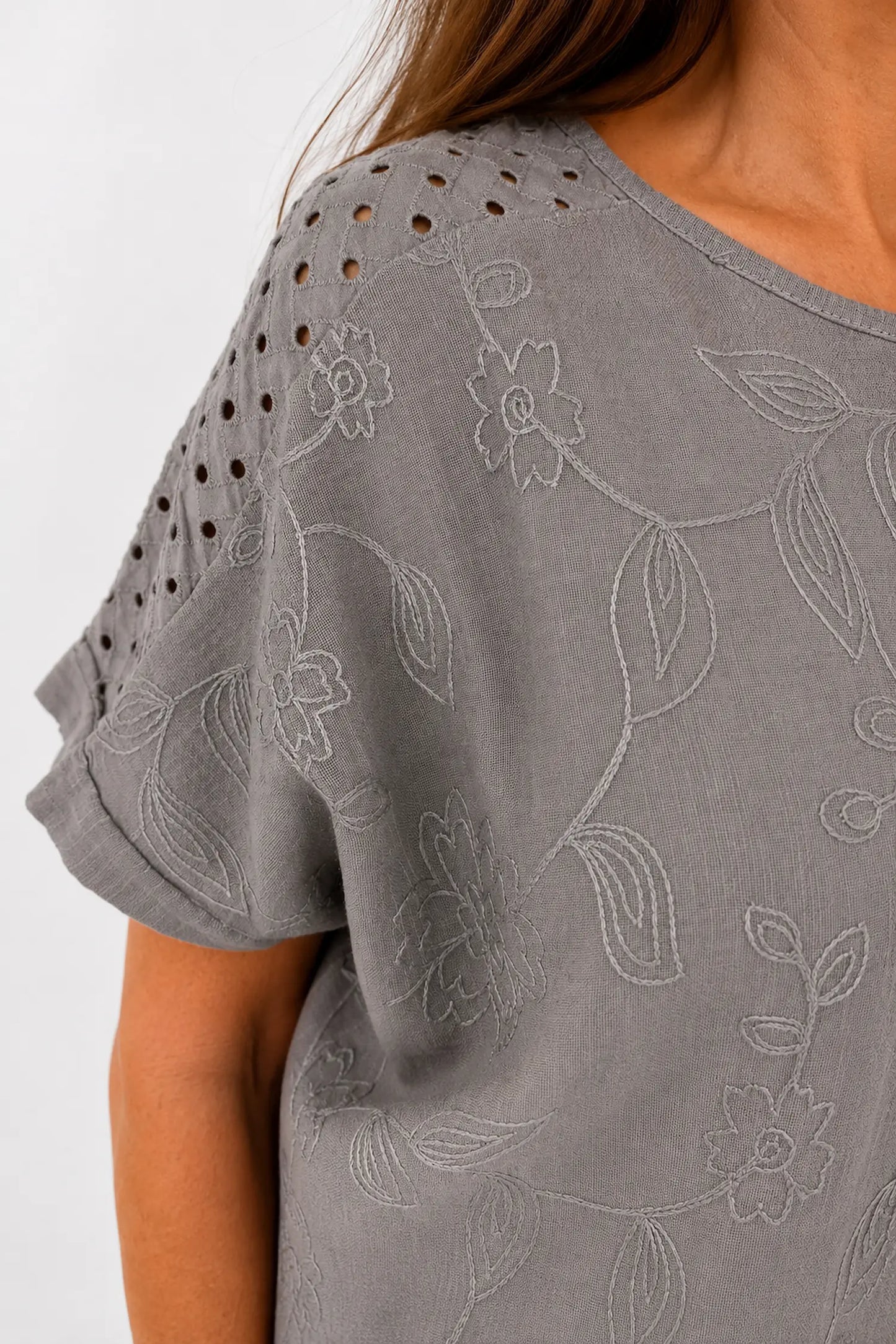 Pure Cotton Embroidery Anglaise Crochet Sleeve Devure Top - Mocha