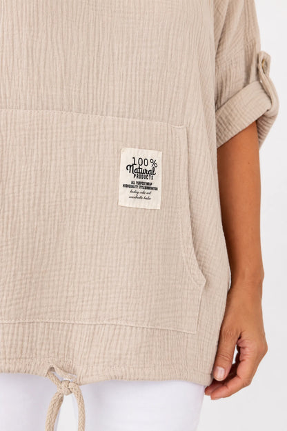 Pure Bubble Cotton Button Sleeve Badge Detail Pocketed Zara Hoodie - Beige