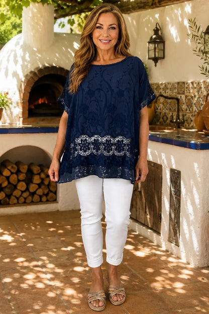 Cotton Crochet Detail Embroidery Anglaise Sequin Hem/Sleeve Selina Top - Navy