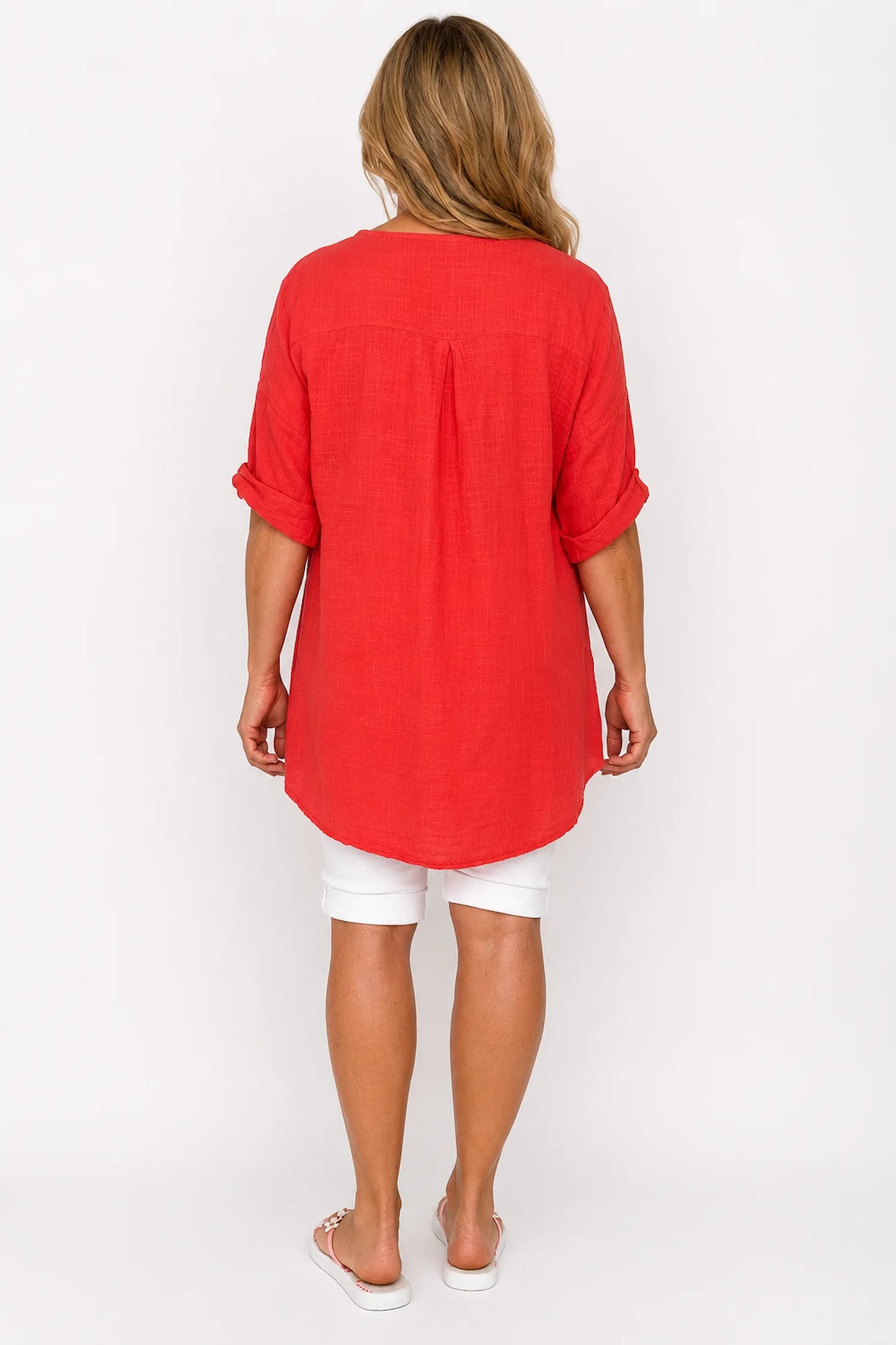 Linen Look Pure Cotton Button Detail Pocket Venice Top - Watermelon