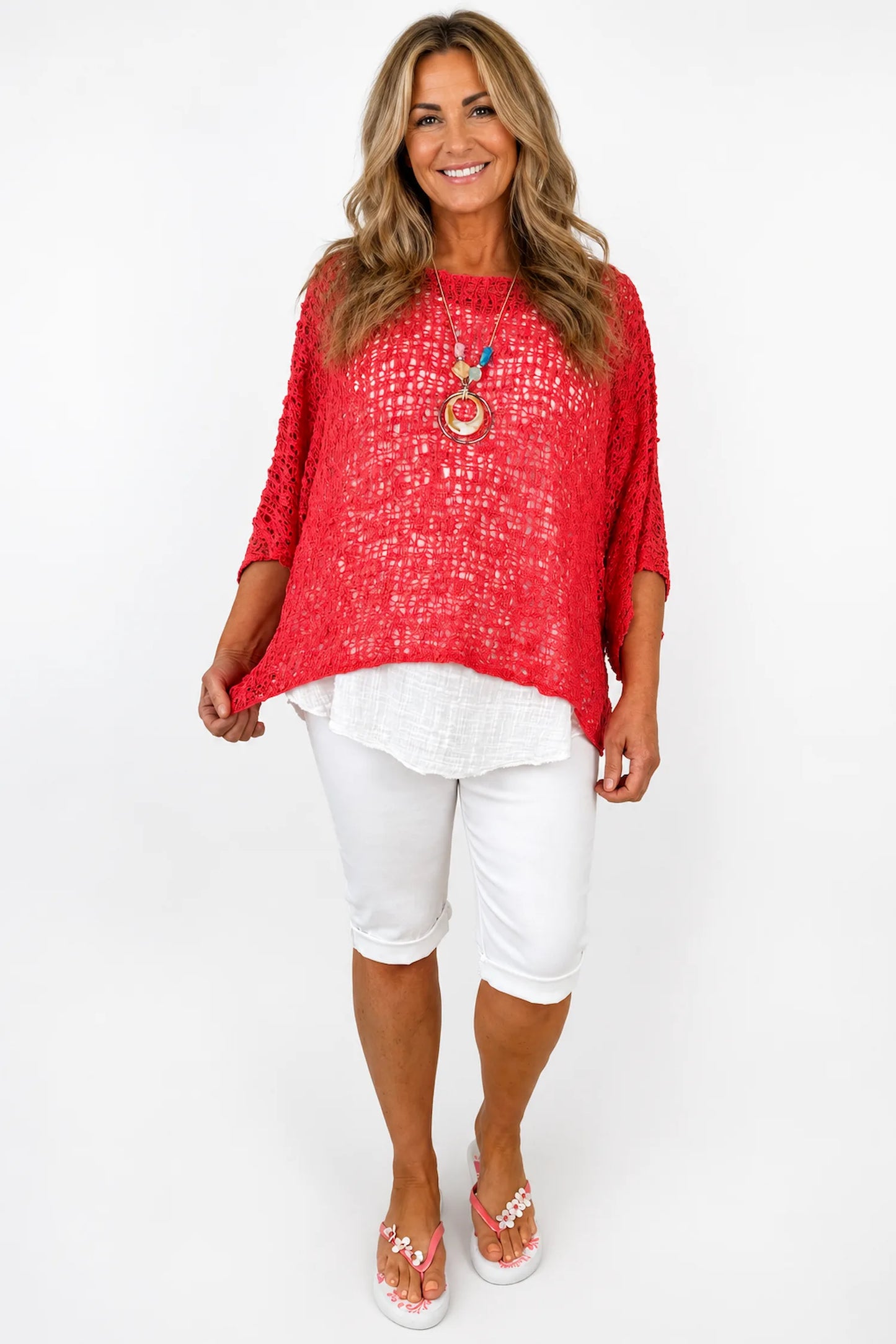 Amelia Ikat Premium Stitch Batwing Crochet - Coral