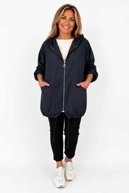 Button Sleeve Double Pocket Drawstring Hem Zipped Emila Hooded Jacket - Black