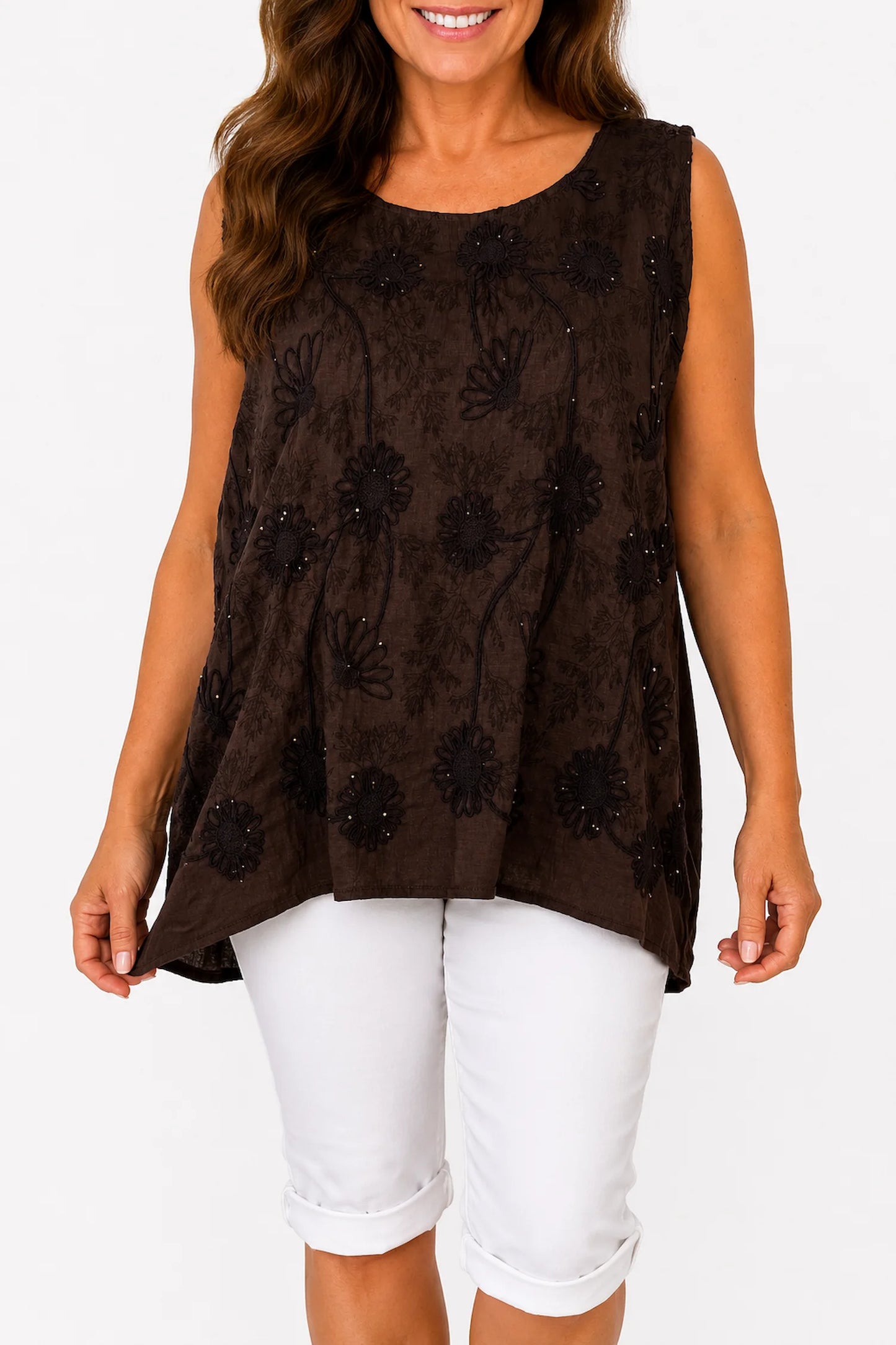 Embroidery Anglaise Floral Golden Sequin Tuscany Vest - Chocolate