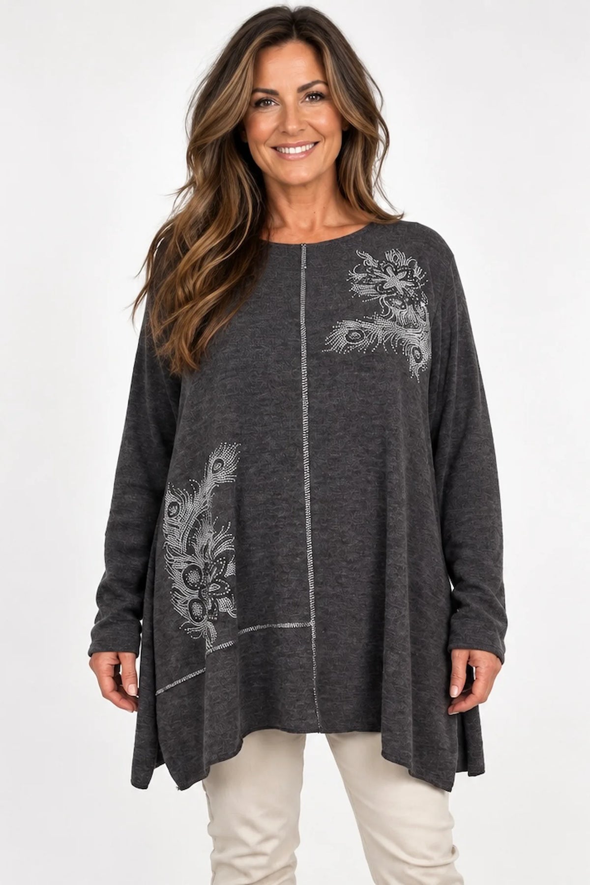 Wool Mix Diamanté Silver Stitch Ciana Top - Chocolate