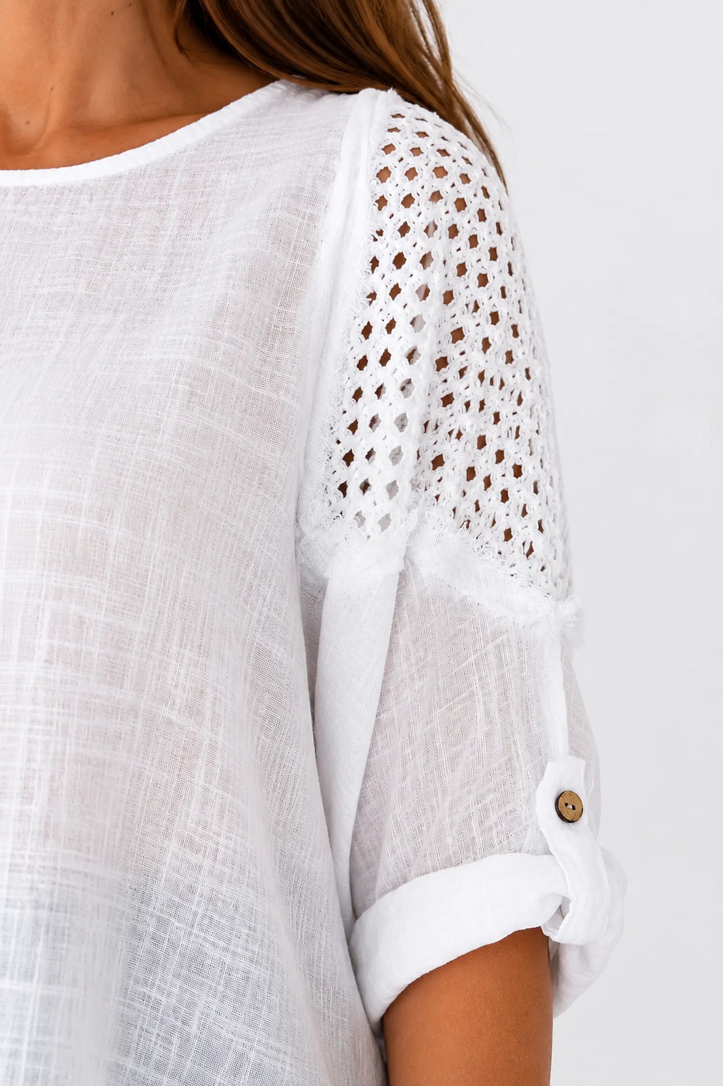 Pure Cotton Button Sleeve Crochet Detail Dalia Top - White