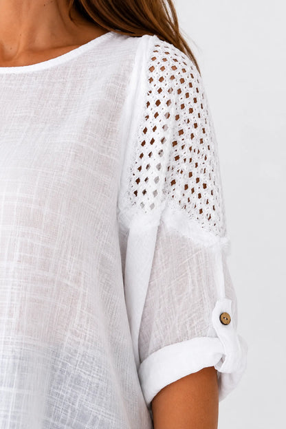 Pure Cotton Button Sleeve Crochet Detail Dalia Top - White