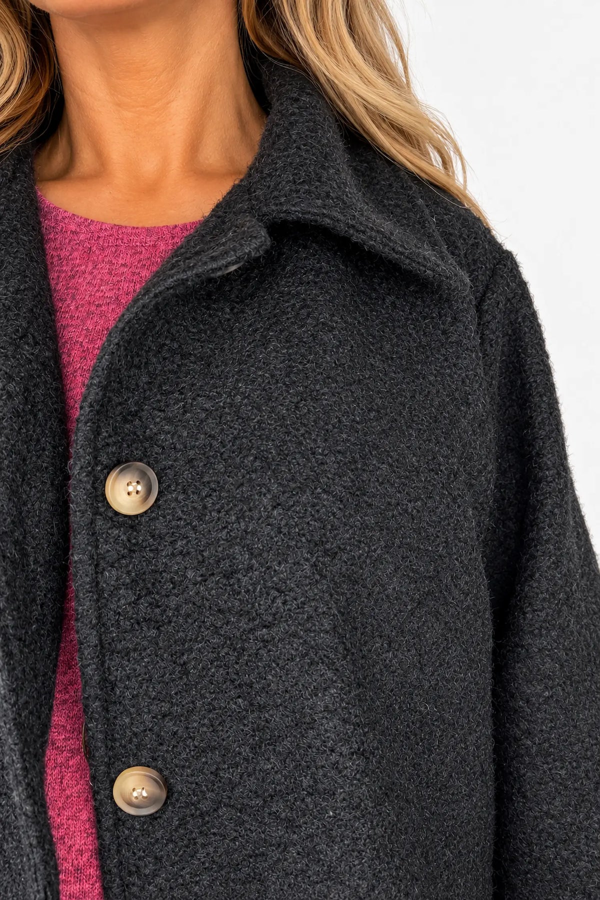 Wool Mix Brushed Double Pocket Arabella Button Coat - Black