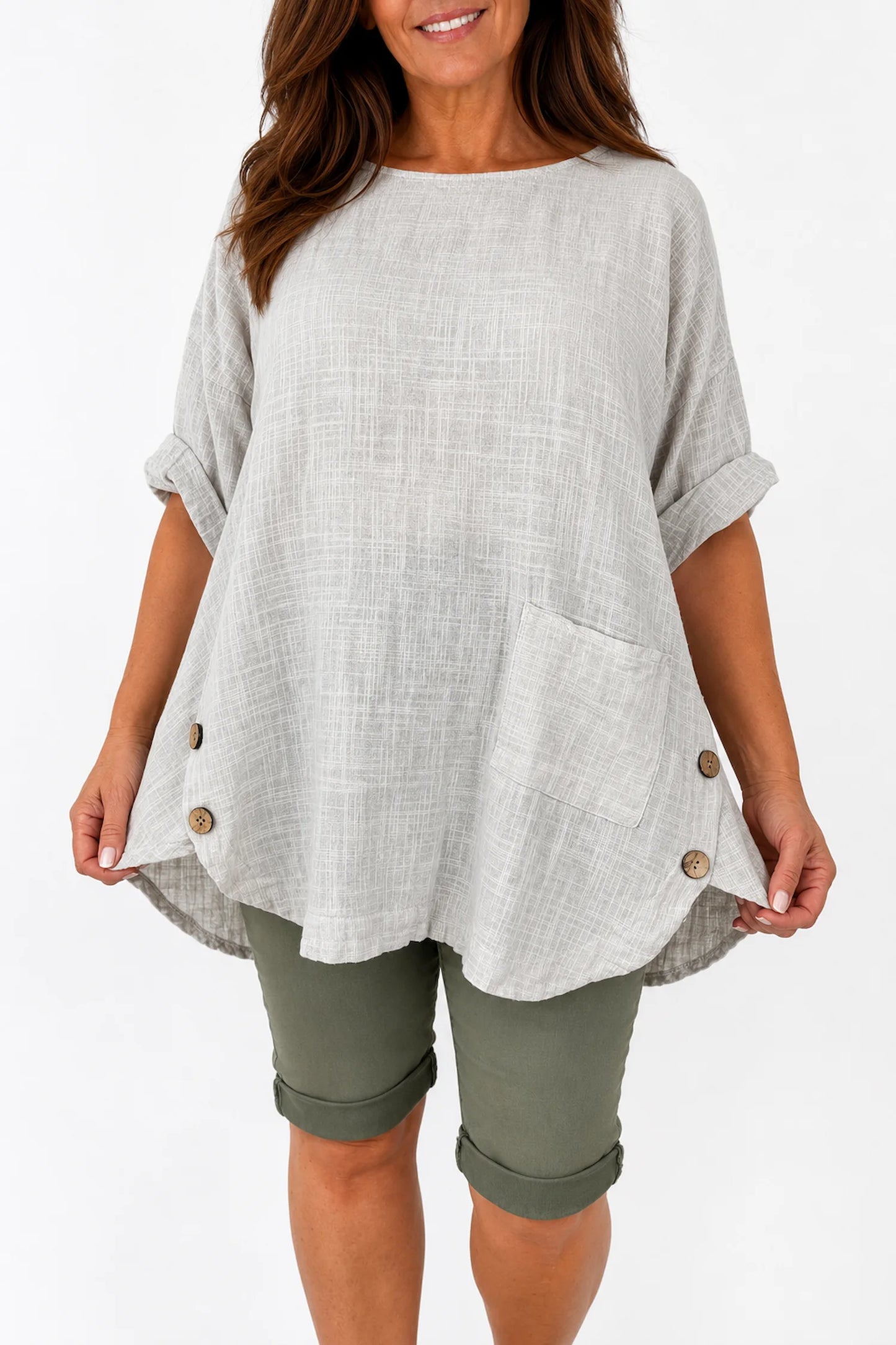Linen Look Pure Cotton Button Detail Pocket Venice Top - Stone