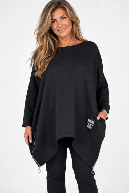 Zipped Hem Badge Detail Double Pocket Lorrie Top - Black