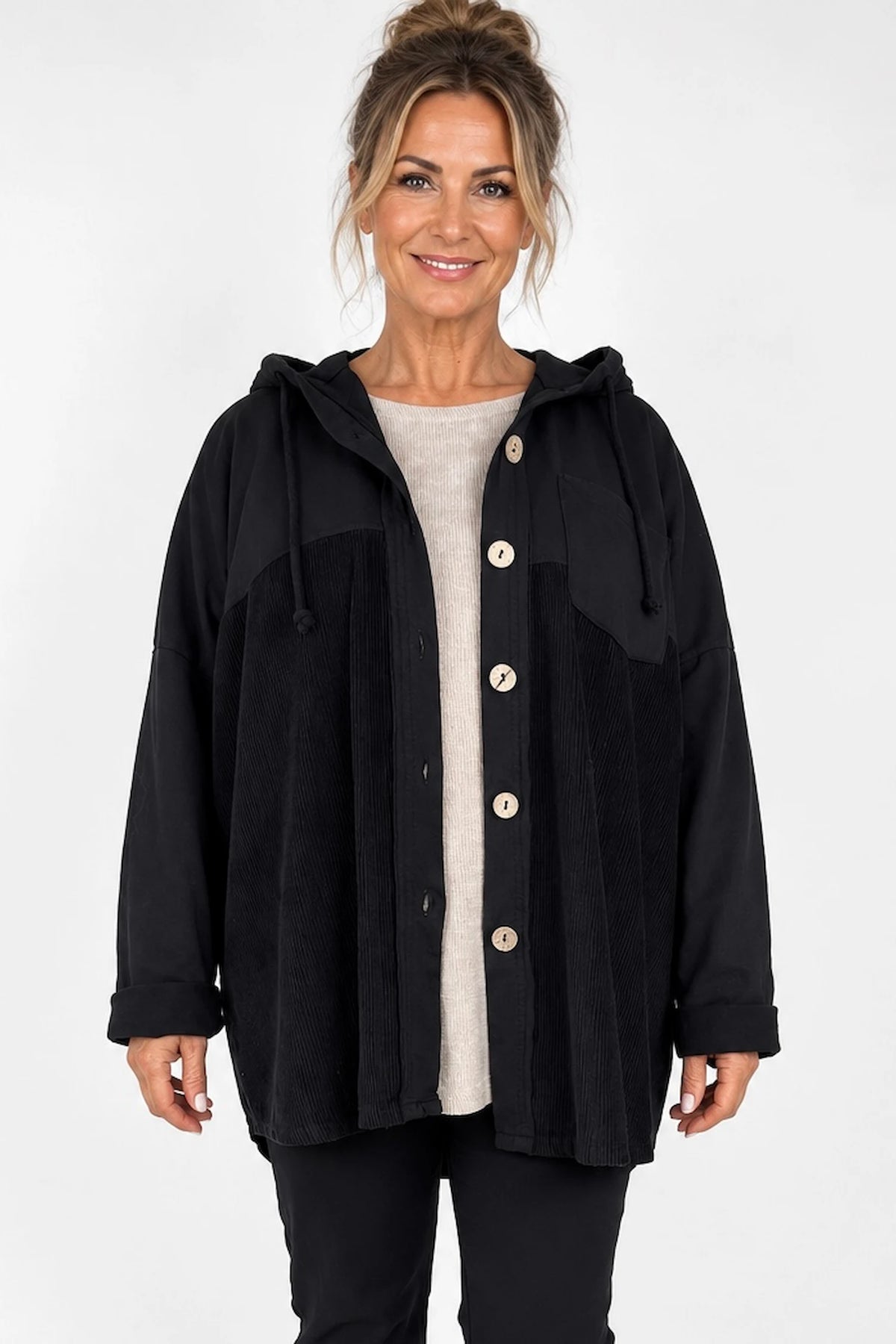 Pure Cotton Cord Patch Pocket Connie Button Hooded Jacket - Black