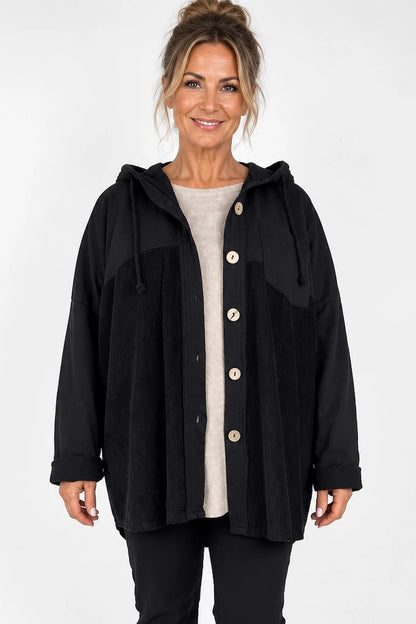 Pure Cotton Cord Patch Pocket Connie Button Hooded Jacket - Black