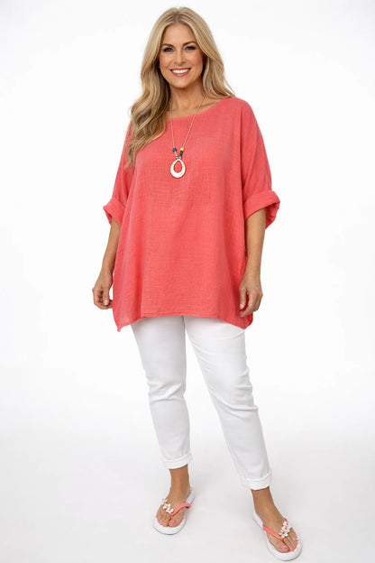 Pure Cotton Linen Look Italia Necklace Top - Coral
