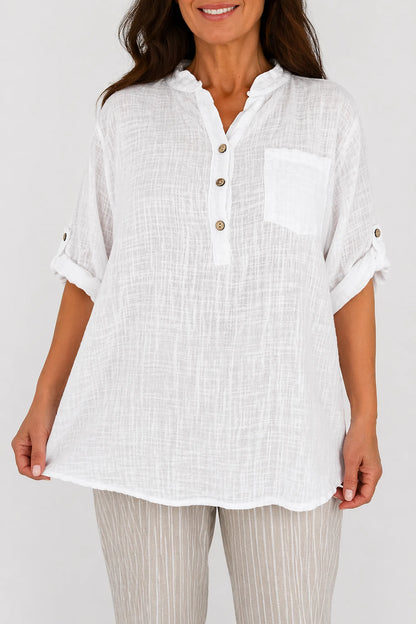 Linen Look Pure Cotton Pocket Detail Button Sleeve Calilla Button Shirt - White